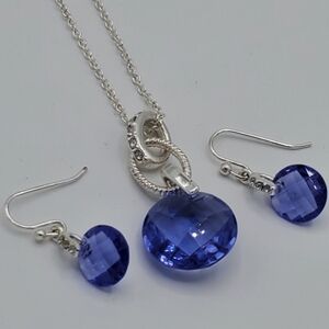 Silver Toned Chain with Crystals and Blue Pendant and Earrings